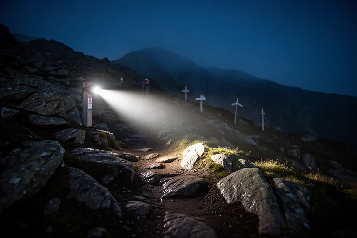 Lichtbundel van een hoofdlamp over een nat rotsachtig trailpad in de nacht