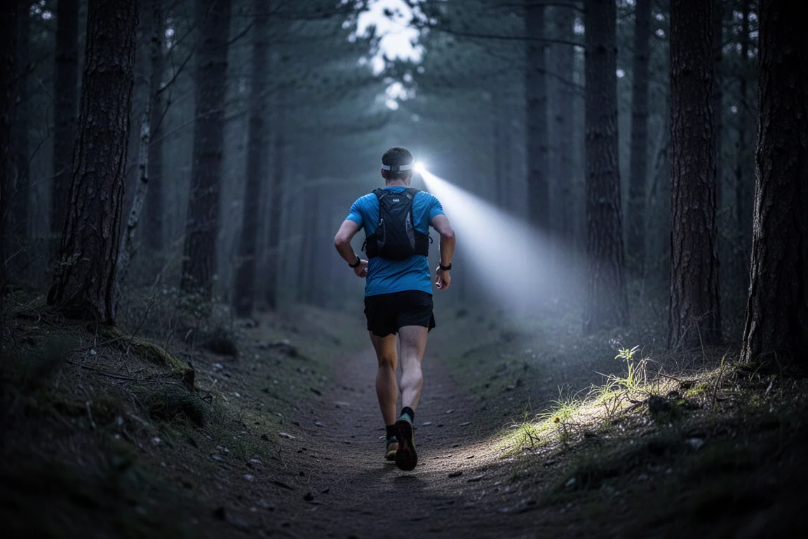 Trailrunner auf einem dunklen Singletrail-Pfad, erleuchtet vom Lichtkegel einer Stirnlampe