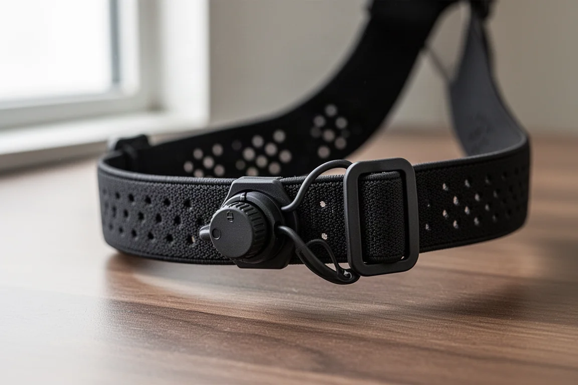 Nahaufnahme eines elastischen Kopfbands mit Perforationen und kleinem Verstellrad