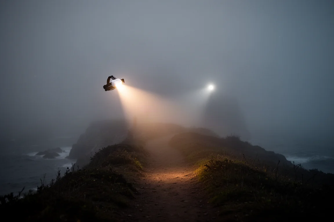 Lichtkegel einer Stirnlampe, der bei Nacht dichten Nebel auf einem Küstenweg durchdringt