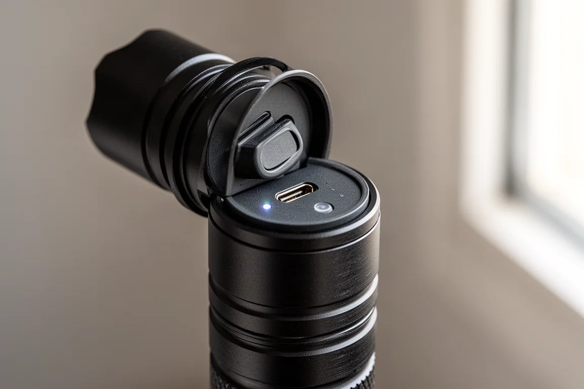 特寫鏡頭展示旋開電筒頭後顯露的隱藏 USB Type-C 充電接口