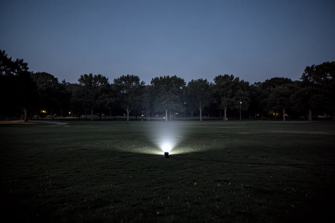 開闊田野的夜景,遠處樹林被聚光燈照亮