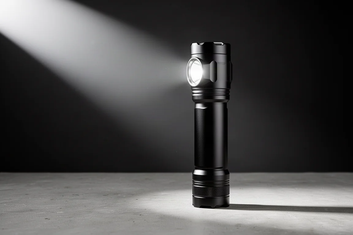 Torcia LEP Phoenix HT30R in piedi con un fascio concentrato su una superficie di cemento