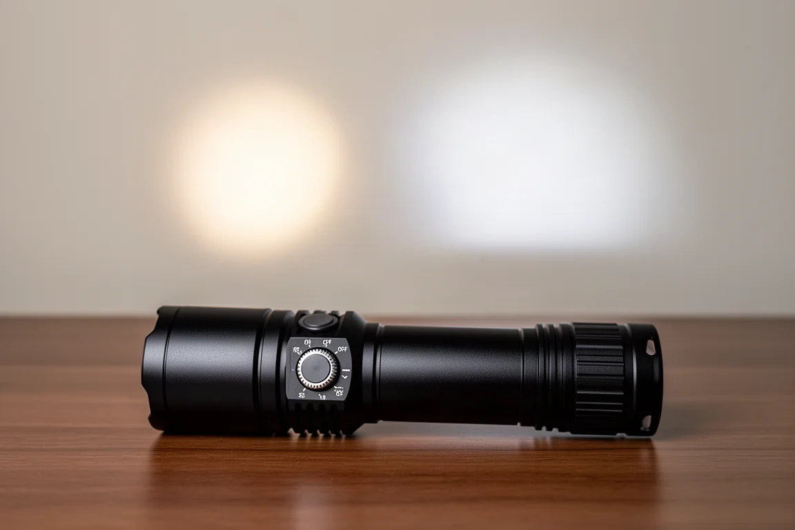 Eine Hand dreht den mechanischen Zoomregler am Gehäuse der Taschenlampe, während sich der Lichtkegel an einer Wand verschiebt