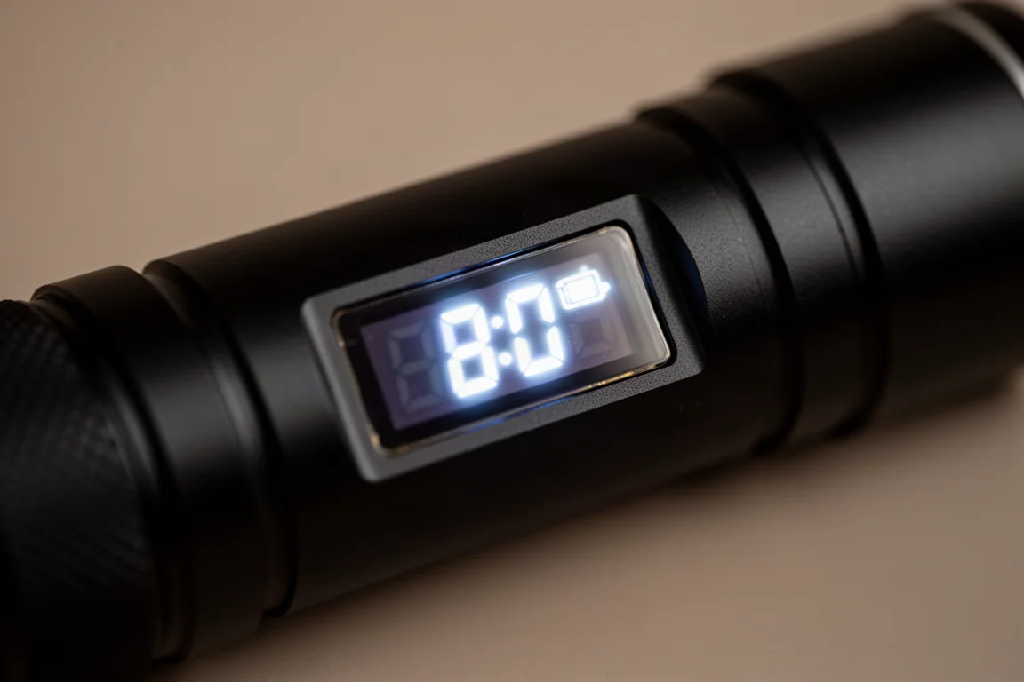 Leuchtendes OLED-Display einer Taschenlampe zeigt Helligkeitsstufe und Akkuinformationen
