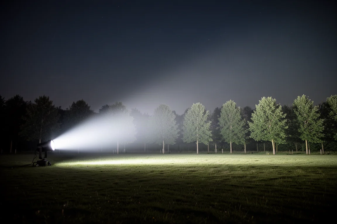 Breiter Flood-Lichtkegel einer Taschenlampe beleuchtet nachts gleichmäßig ein Feld