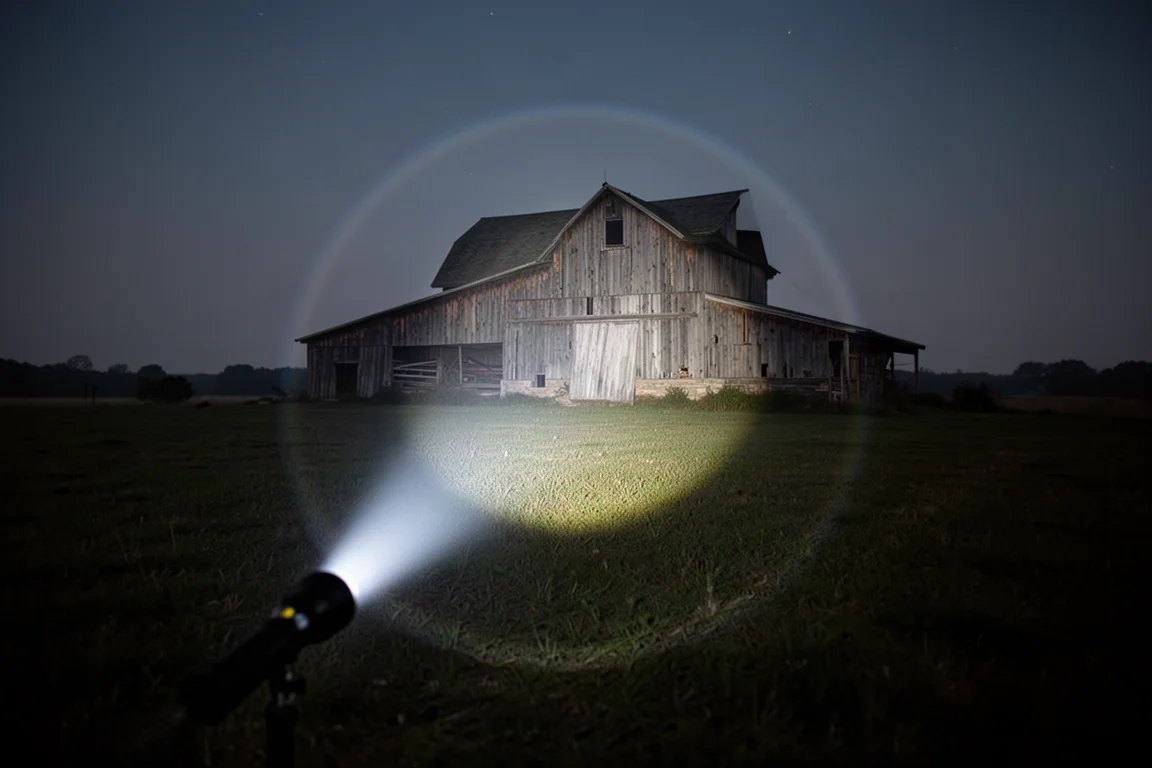 Spotlight-Strahl einer Taschenlampe erreicht eine entfernte Scheune über ein dunkles Feld