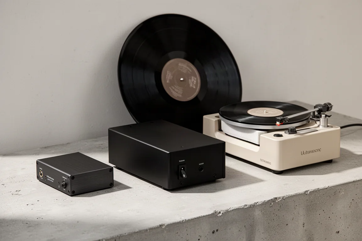 Compact solid-state phono stage, black tube phono chassis and ultrasonic record cleaner on concrete