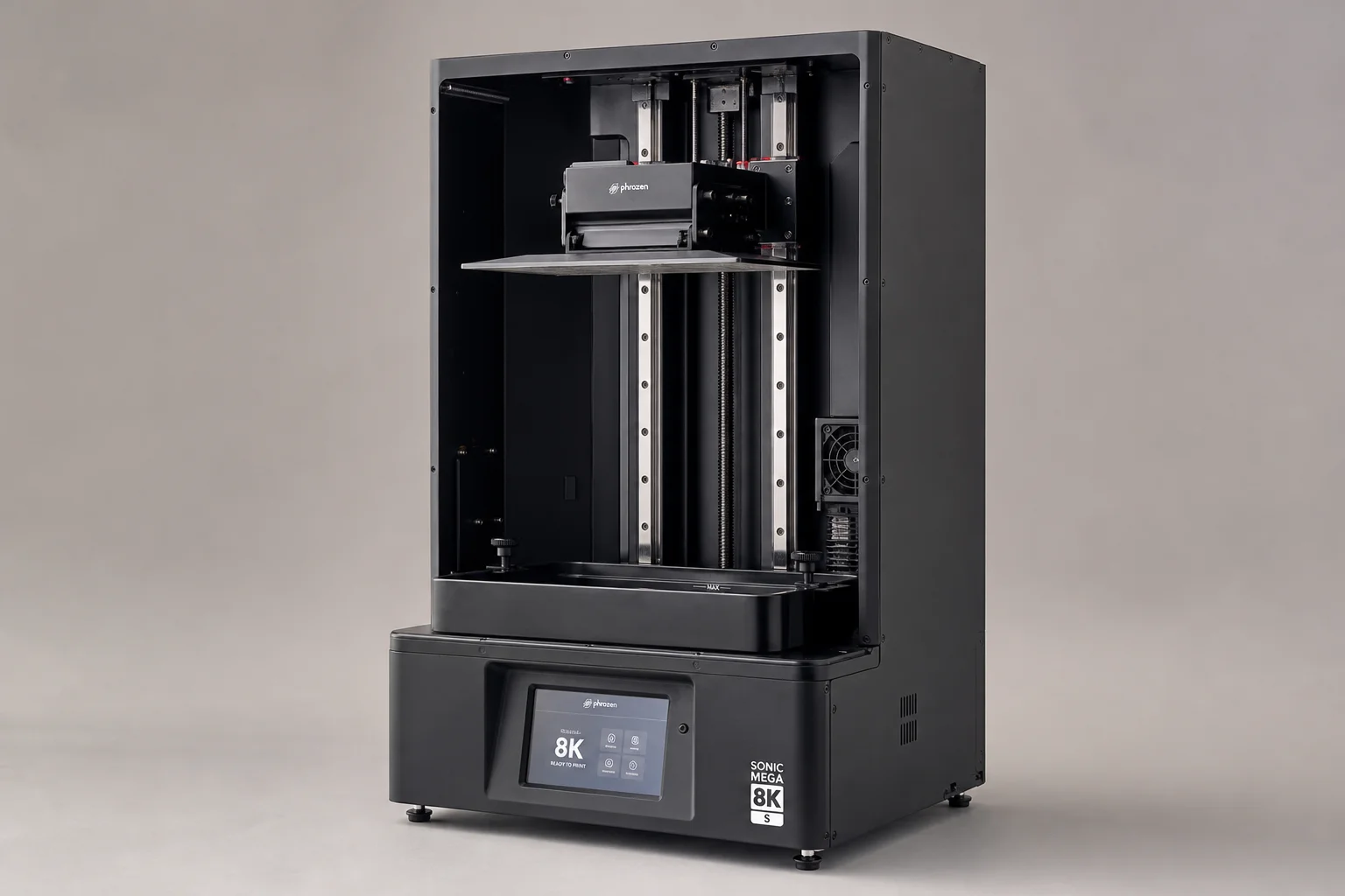Collection of five resin printers arranged by size on a concrete surface