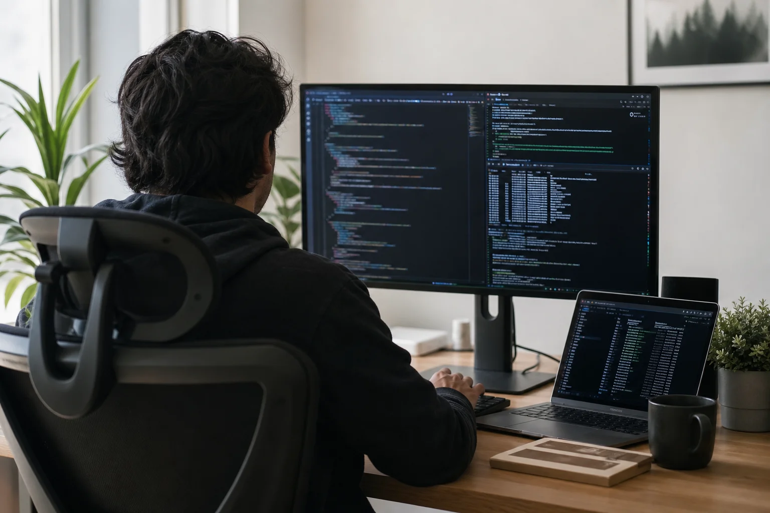 Developer working at desk with multiple monitors showing code