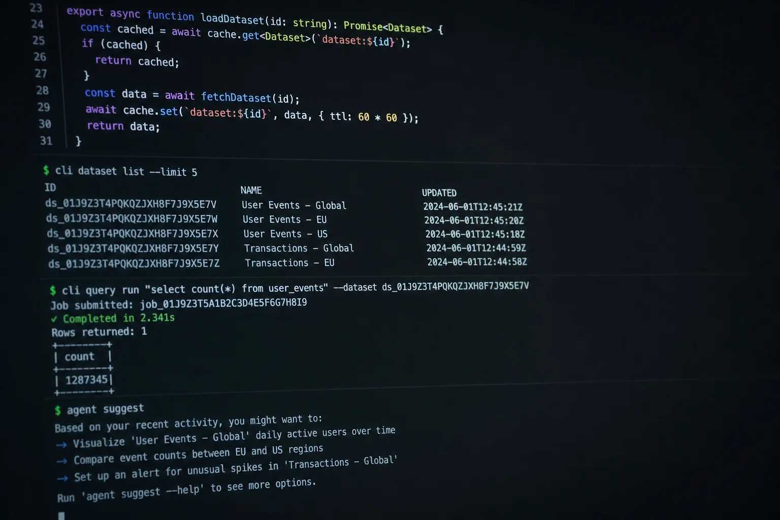 Terminal interface showing code execution and agent output