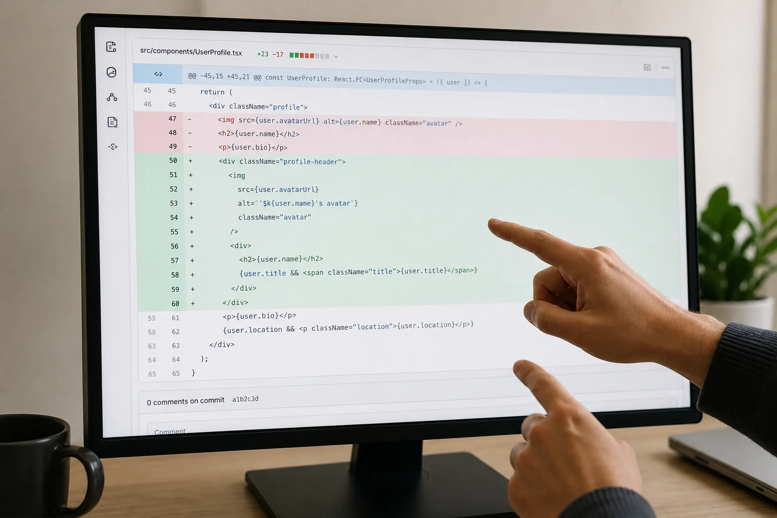 Developer reviewing code changes in diff viewer on screen