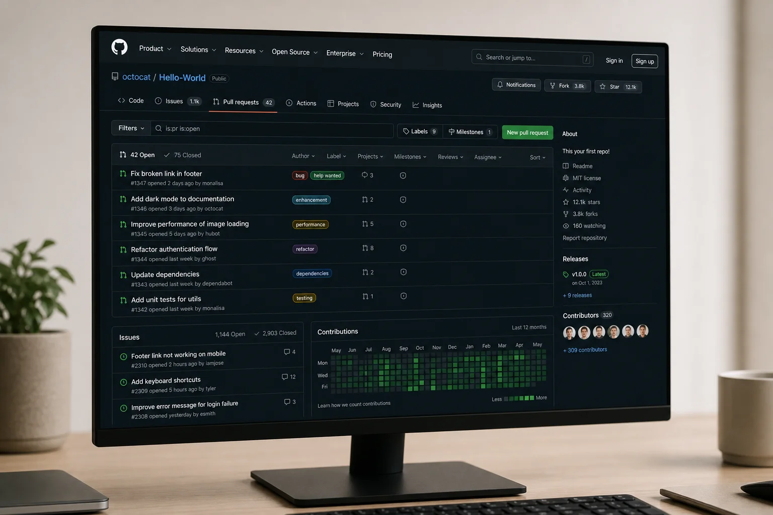 Open source repository interface showing pull requests and issues