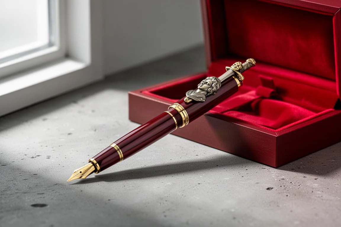Deep red luxury fountain pen with gold trim beside an open velvet-lined presentation box