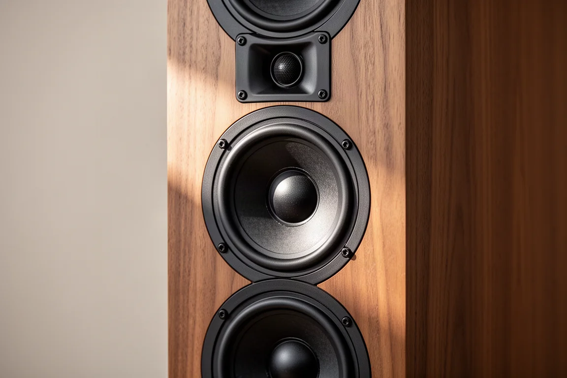 喇叭前障板特寫,可見導波器高音單體、中低音單體與低音單體