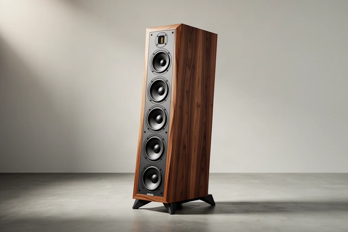 Tall wood-veneer powered floorstanding speaker on a matte concrete floor