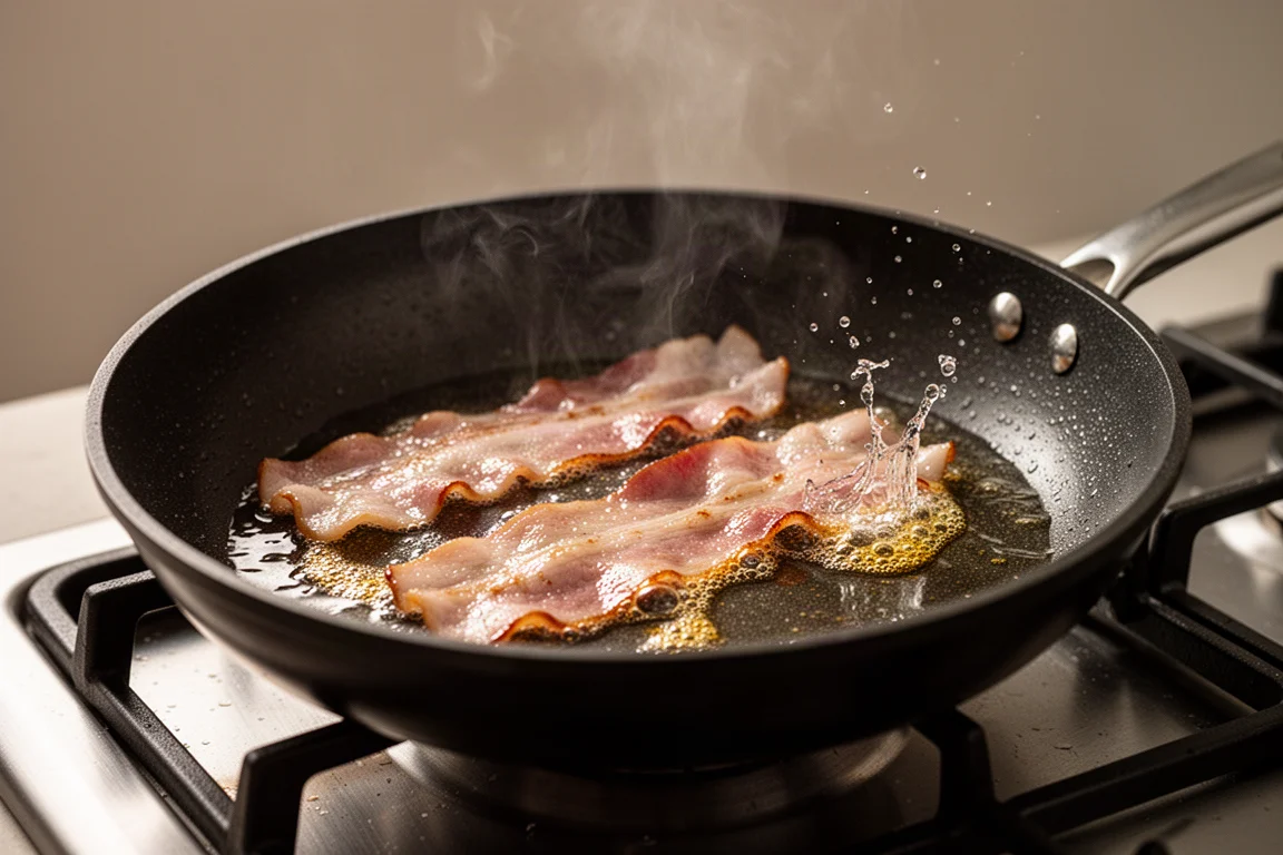 Bacon rashers sizzling in a frying pan with rendered fat