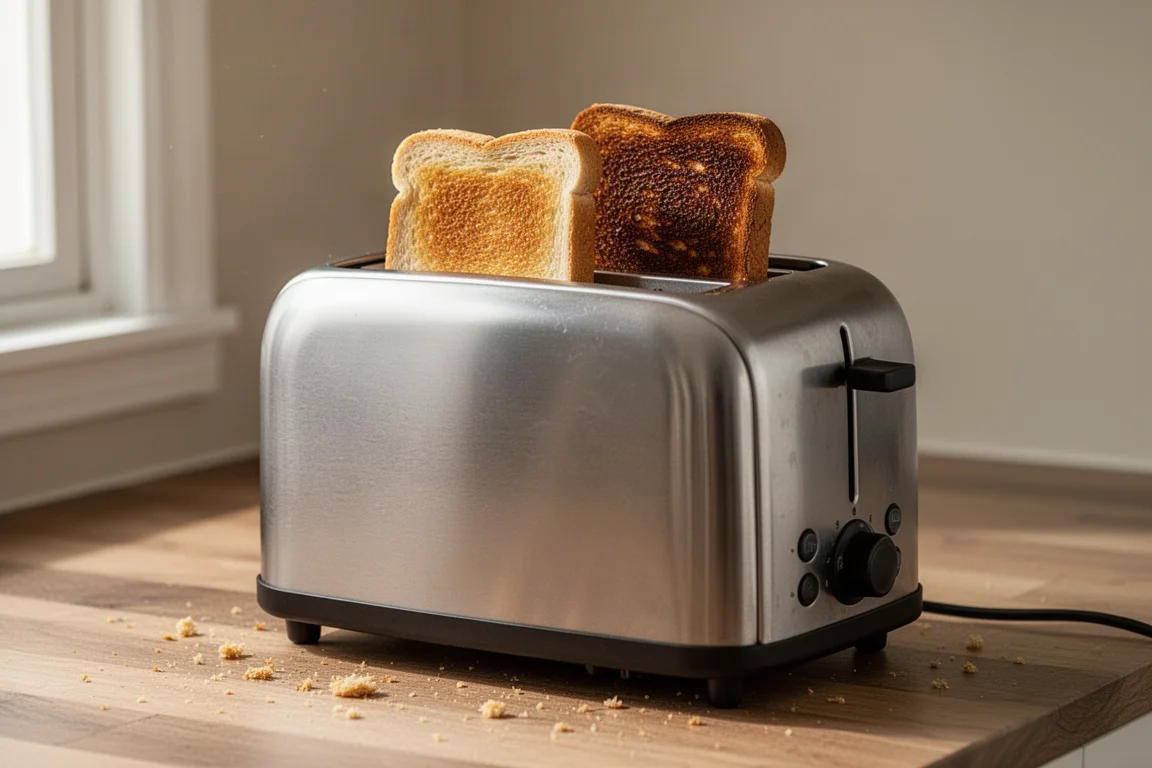 Two slices of toast popping up in a stainless steel toaster