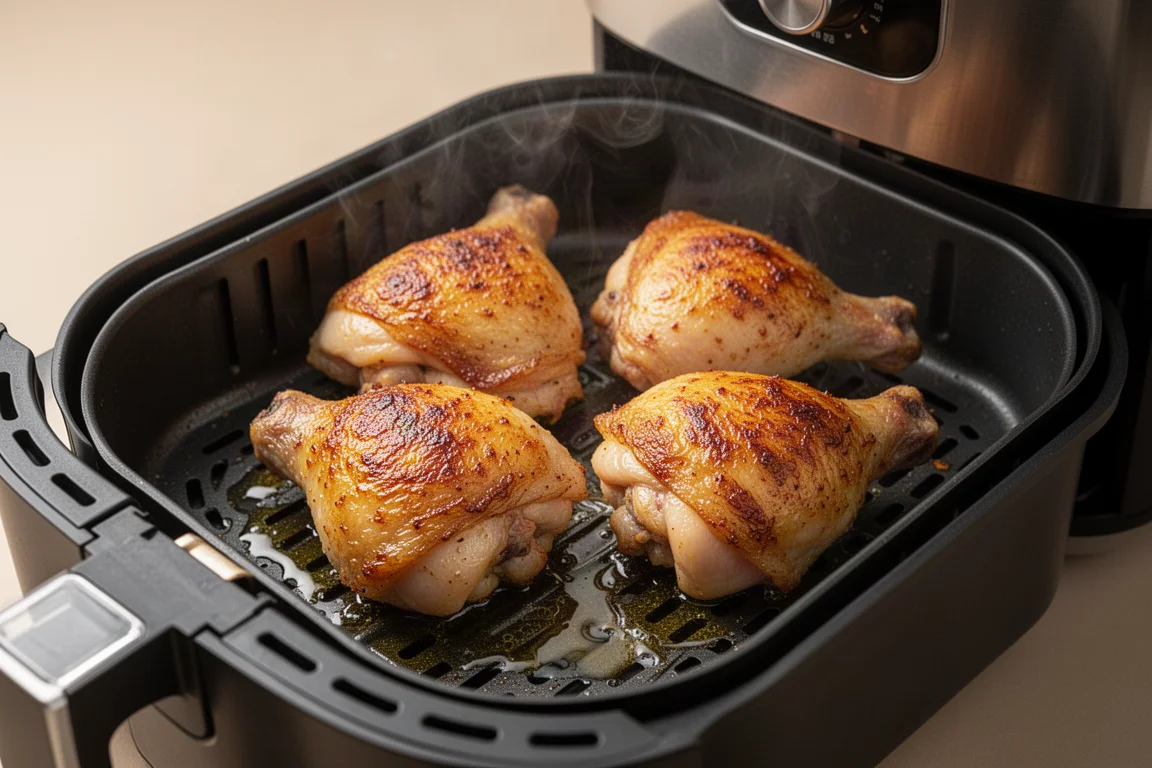Cooked chicken thighs resting in an air fryer drawer with golden crispy skin