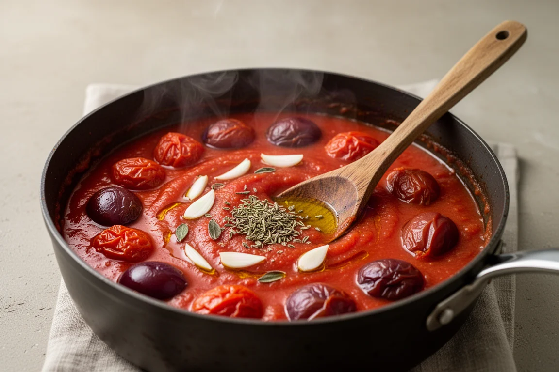 Whole plum tomatoes simmering in a saucepan with garlic and oregano