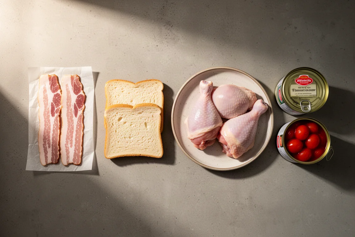 Flat-lay of bacon, bread slices, chicken thighs and tinned tomatoes on a concrete kitchen surface