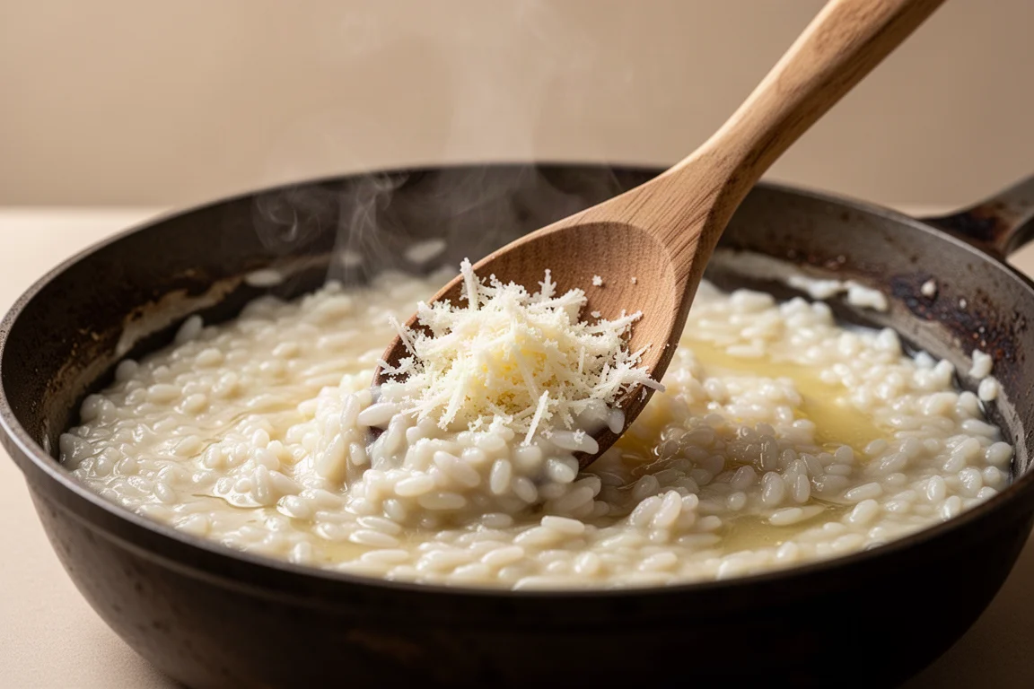 Queijo curado ralado sendo incorporado a um risoto cremoso