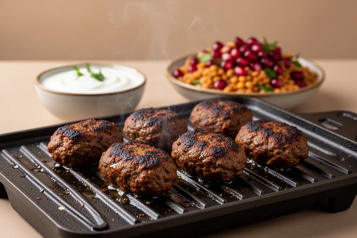 Koftas de carne bovina temperada grelhando em uma chapa com bordas tostadas