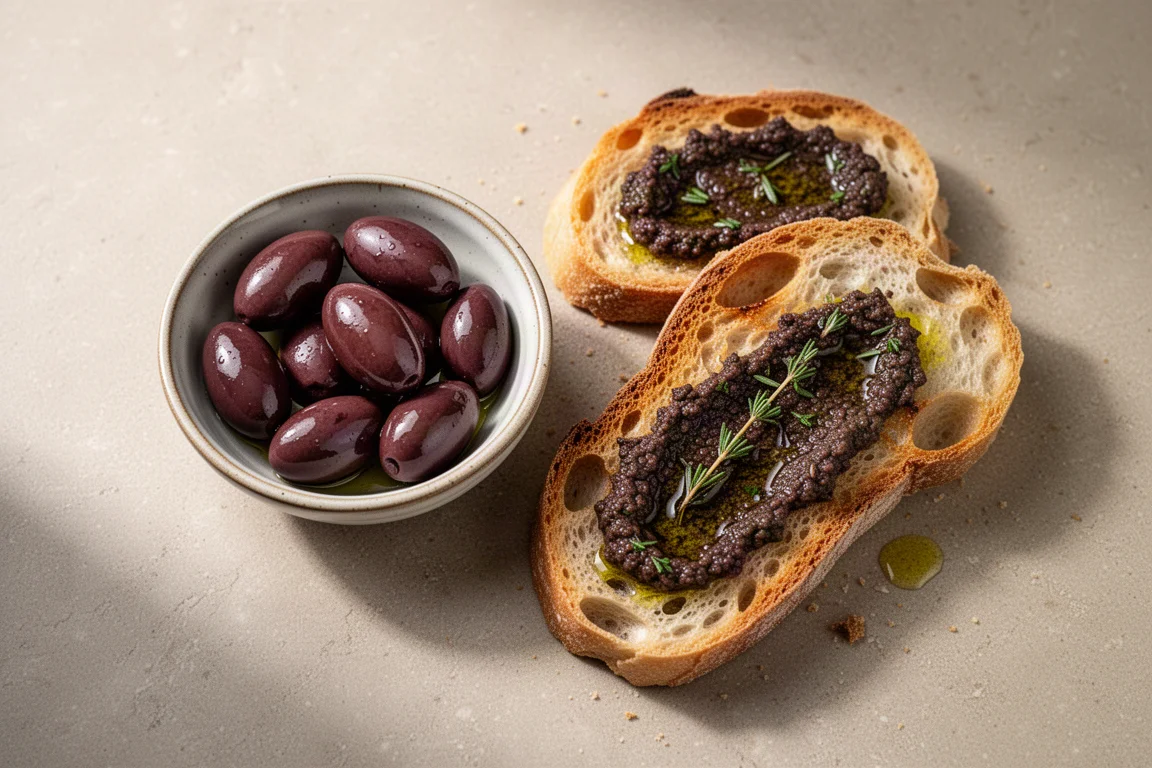Azeitonas Kalamata escuras e tapenade espalhadas em pão torrado