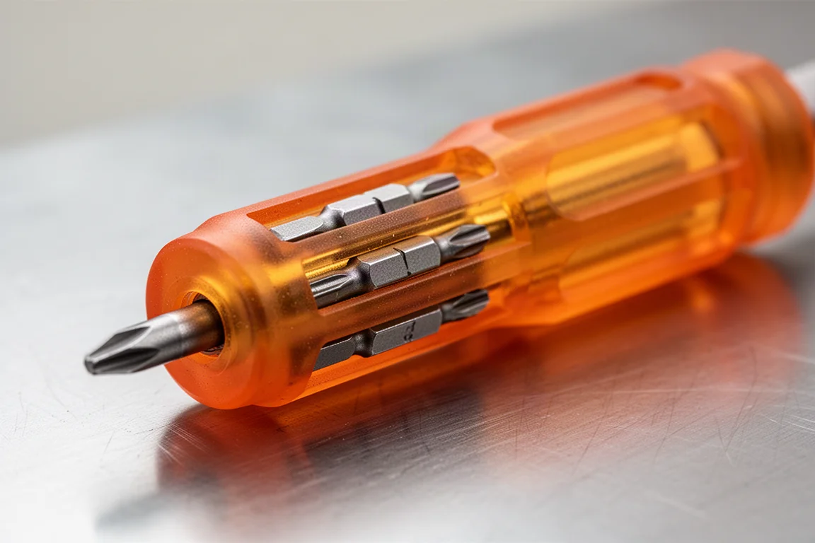 Close-up of screwdriver bits running along the outside of a translucent orange handle