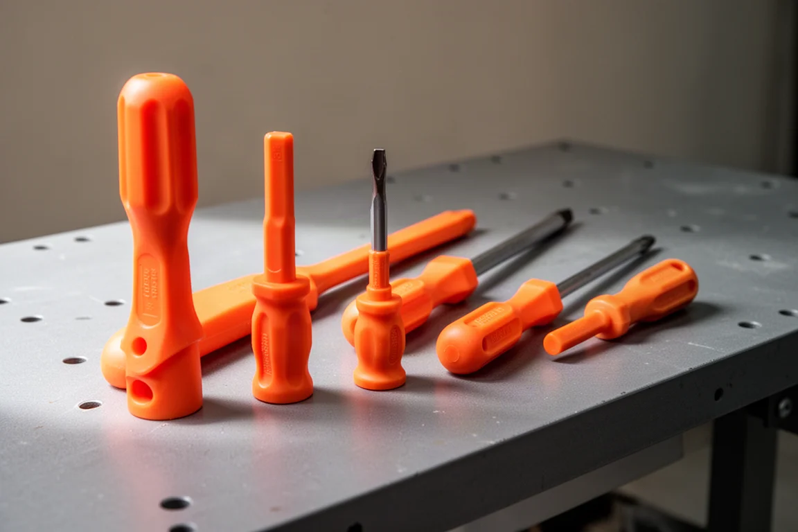Several screwdriver handles of different lengths lined up on a workbench