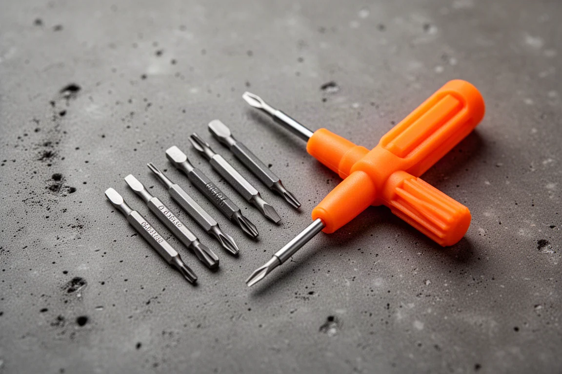 Tiny precision screwdriver bits laid out beside a small orange handle