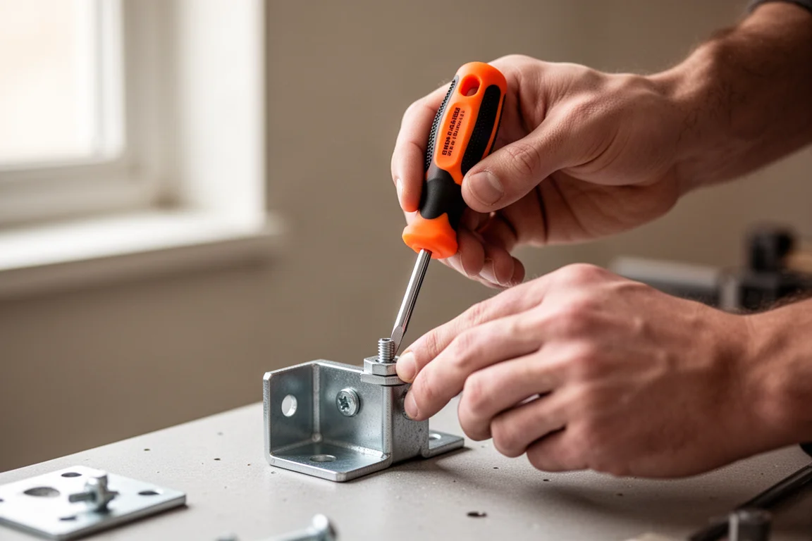 Hands using a compact screwdriver on a small fastener at a workbench
