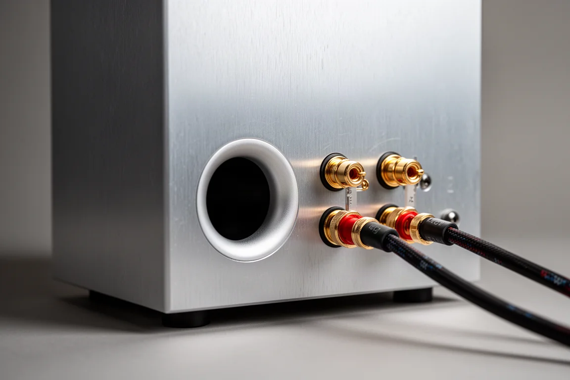 Bassreflexöffnung auf der Rückseite und Anschlussterminals an einem gebürsteten Aluminiumgehäuse