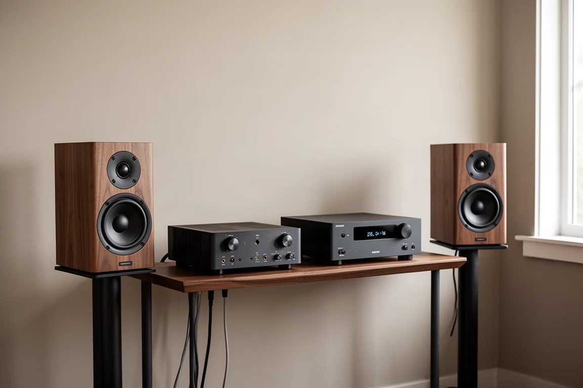 Kompakte Hi-Fi-Anlage mit Verstärker, Player und zwei Regallautsprechern auf Ständern
