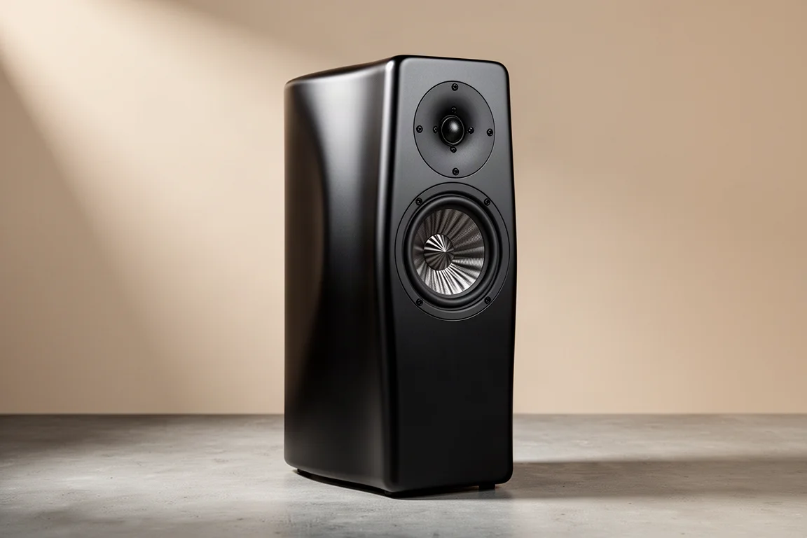 Slim aluminium standmount loudspeaker with coaxial driver on a concrete surface