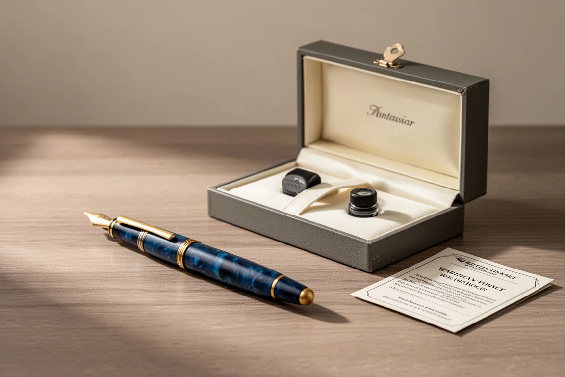 Deep blue fountain pen lying on a wooden desk beside its vintage-style presentation box