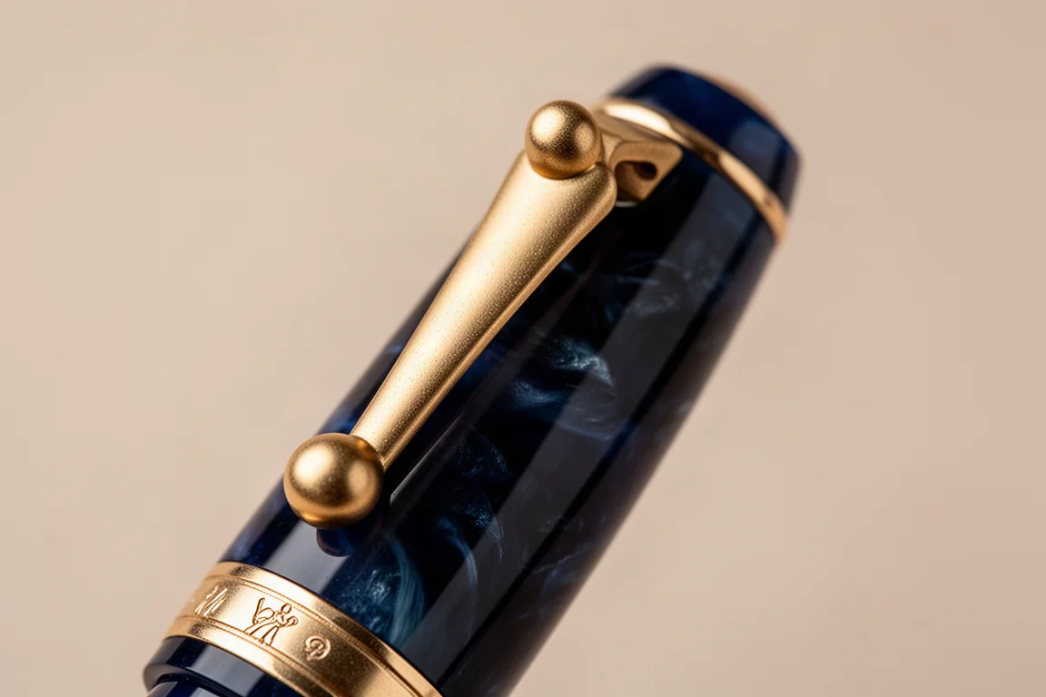 Close-up of a gold fountain pen clip with two ball ends and engraved cap band