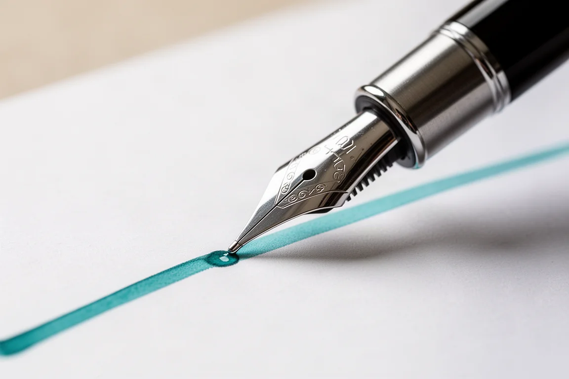 Fountain pen nib writing turquoise blue ink on white paper