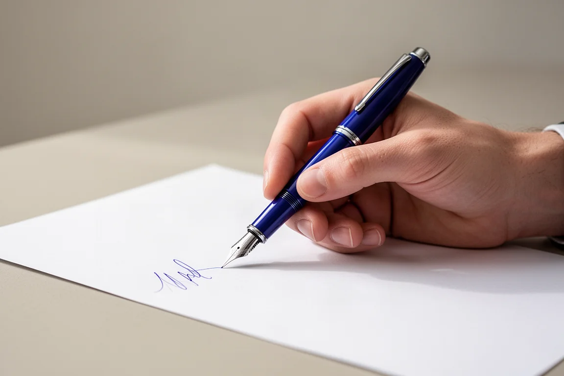 Fountain pen held comfortably in a writing hand at a tidy desk