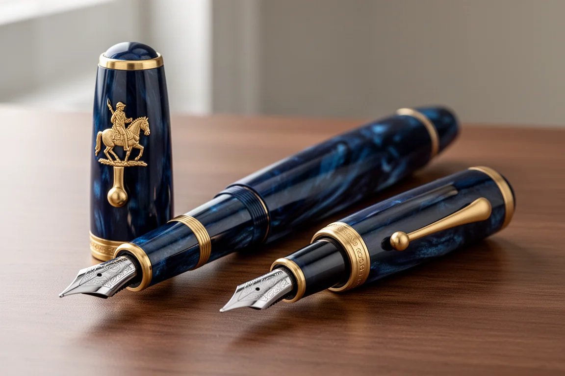 Deep blue Piguet Taurus fountain pen with gold trim on a wooden desk