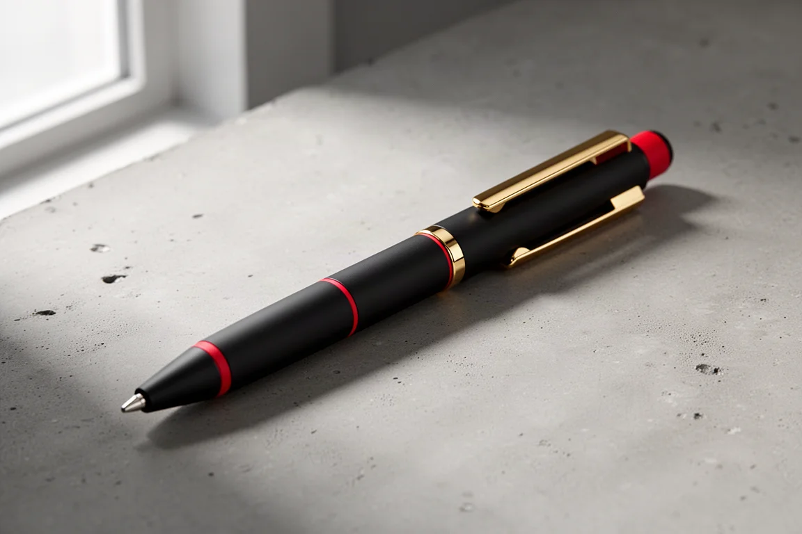Multi-pen nera opaca con clip dorato e dettagli rossi su una superficie di cemento
