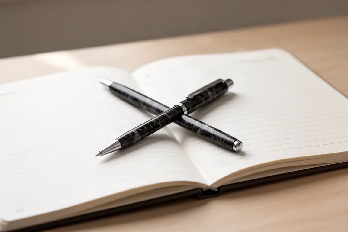 Slanke gemarmerde multifunctionele pen op een notitieboekje naast een agenda