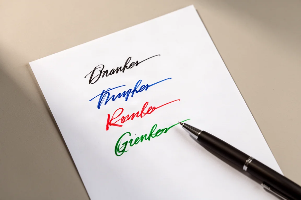 Handschriftvoorbeeld in vier inktkleuren op gewoon papier