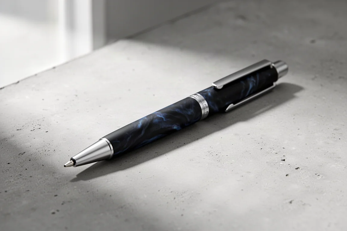 Slim dark marbled multi-function pen with silver fittings on a concrete surface