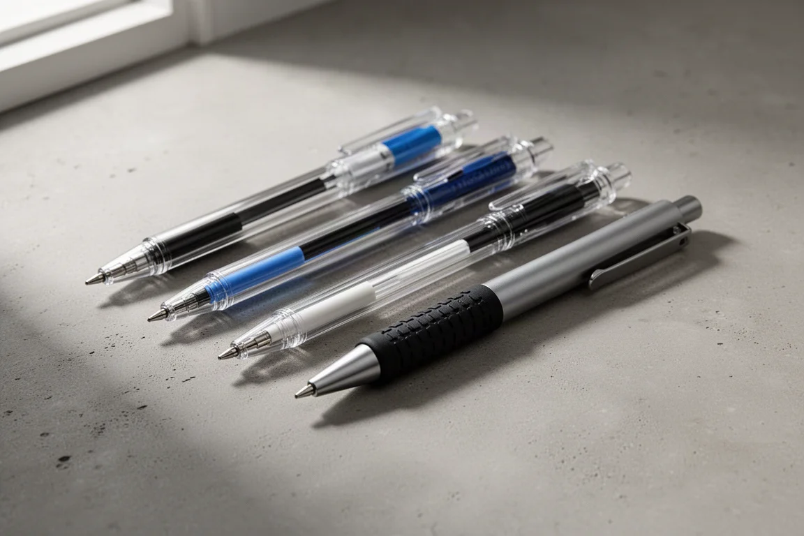 Assortimento di penne a sfera Pilot Acro con corpi trasparenti e neri su una superficie di cemento