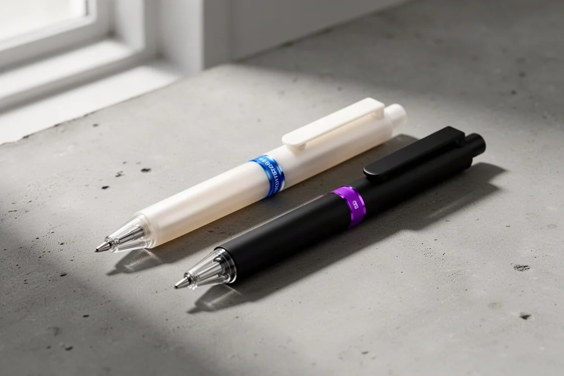 Penne a sfera sottili color bianco perla e nero opaco su una superficie di cemento