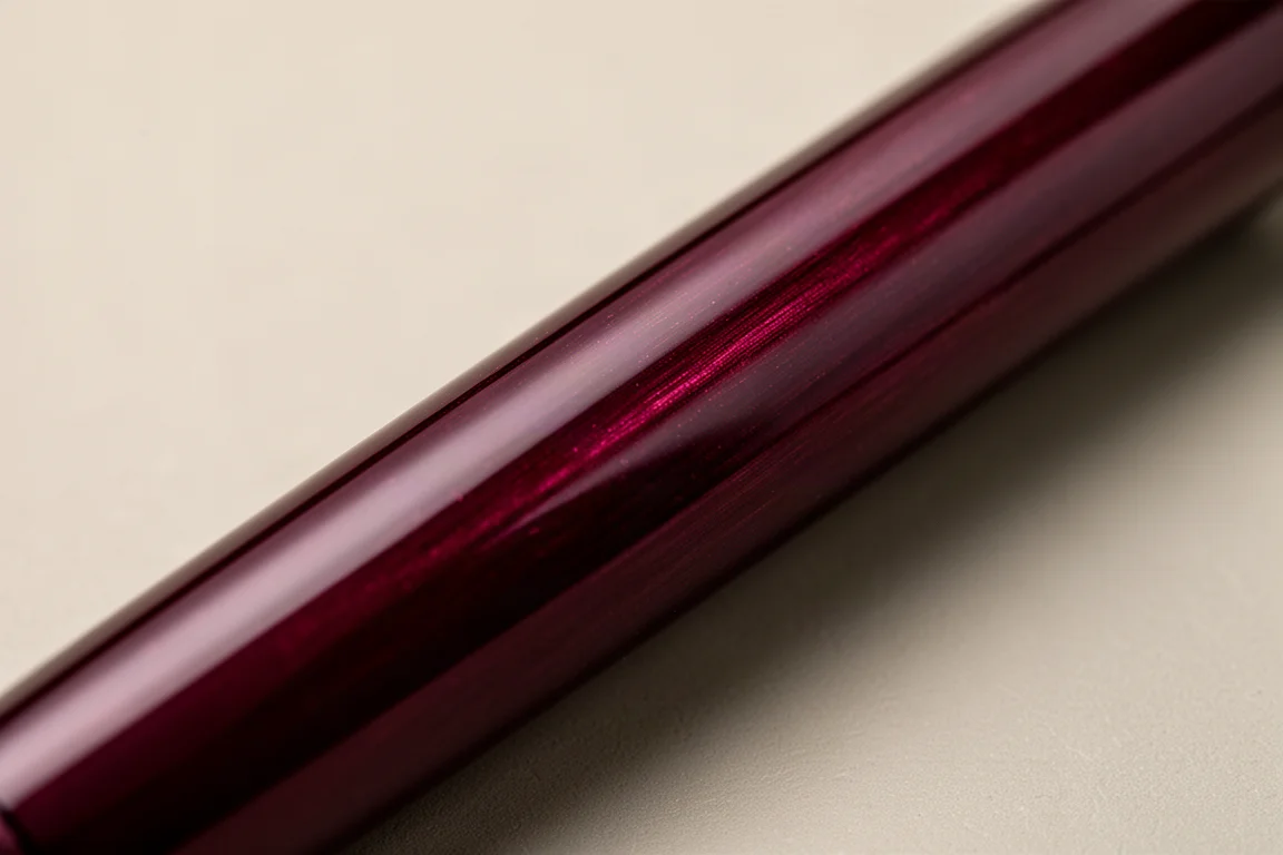 Deep burgundy lacquered fountain pen barrel reflecting soft window light