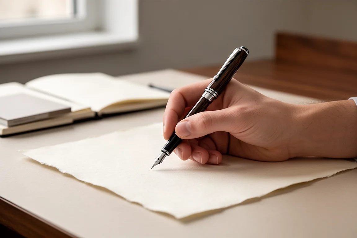 Hand writing with a fountain pen on cream paper in a quiet office setting