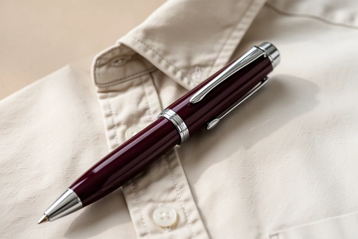 Fountain pen clipped to the edge of a shirt pocket