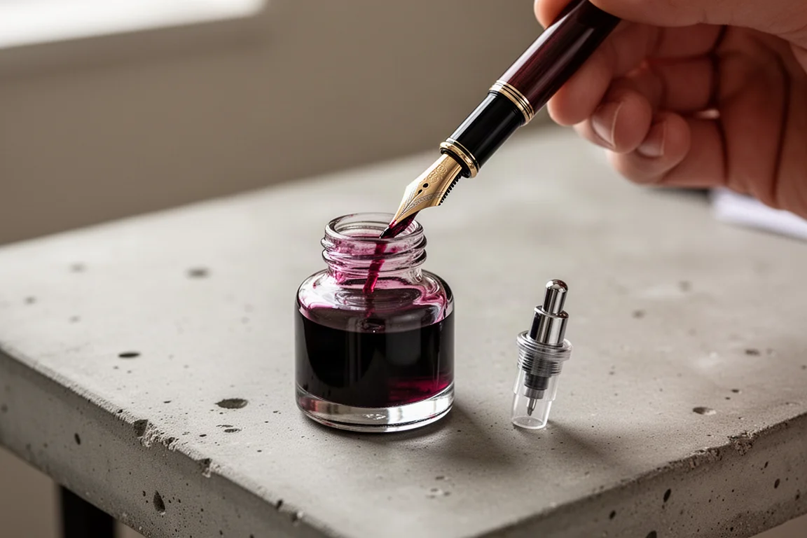 Filling a fountain pen converter from an ink bottle of dark red ink